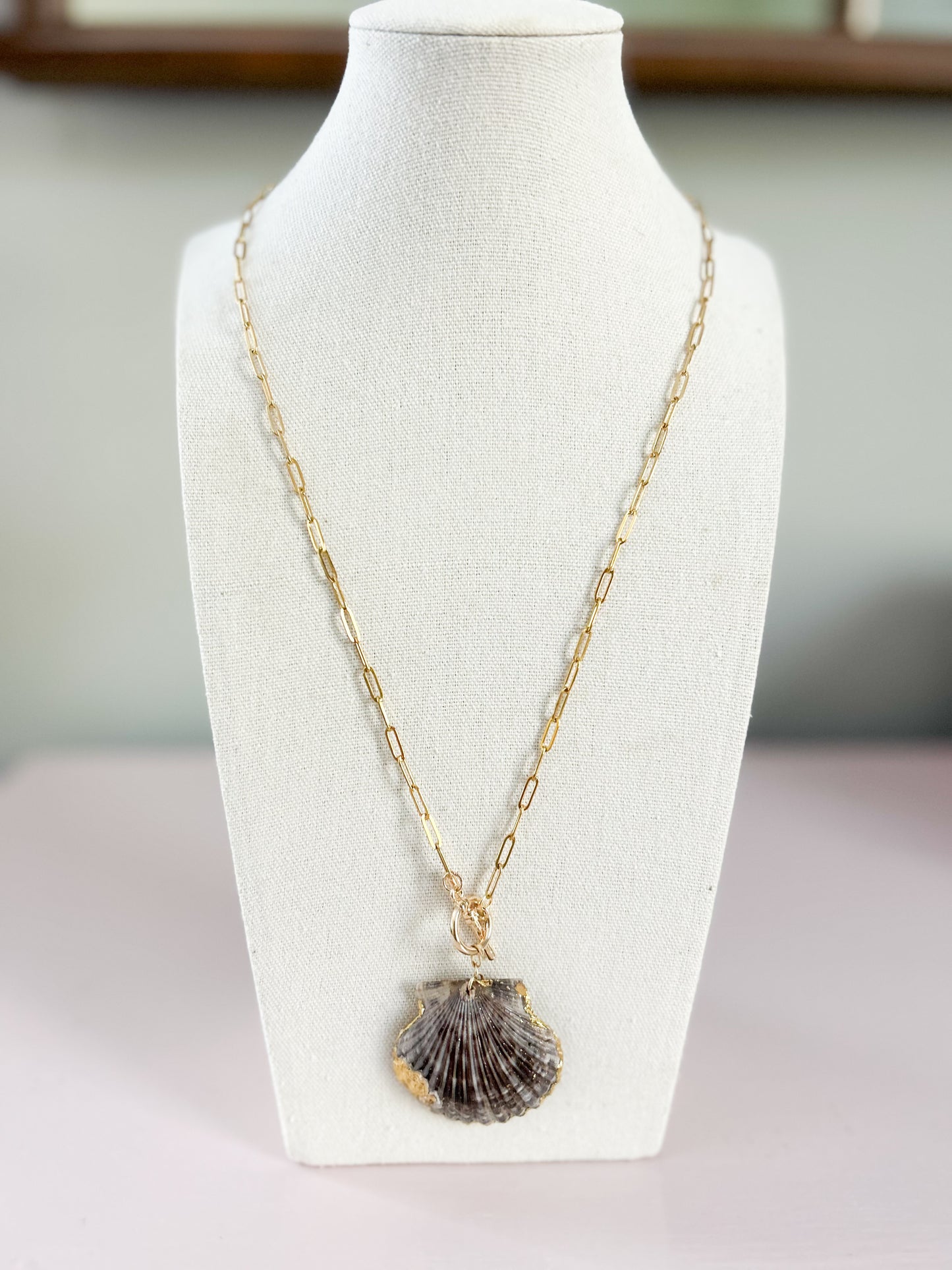 Purple and Grey Scallop Shell Toggle Necklace